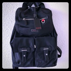 Black Leather Trim Nylon Tumi Backpack / Purse